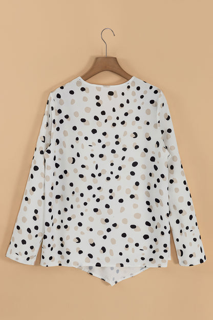 White Polka Dot Print Button Front V Neck Blouse