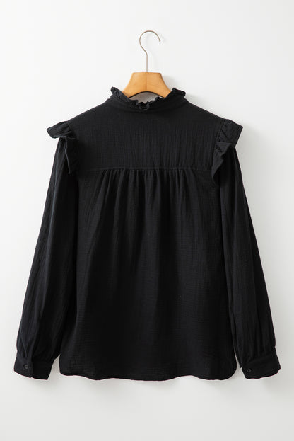 Black Textured Ruffled Trim Buttoned Loose Fit Shirt