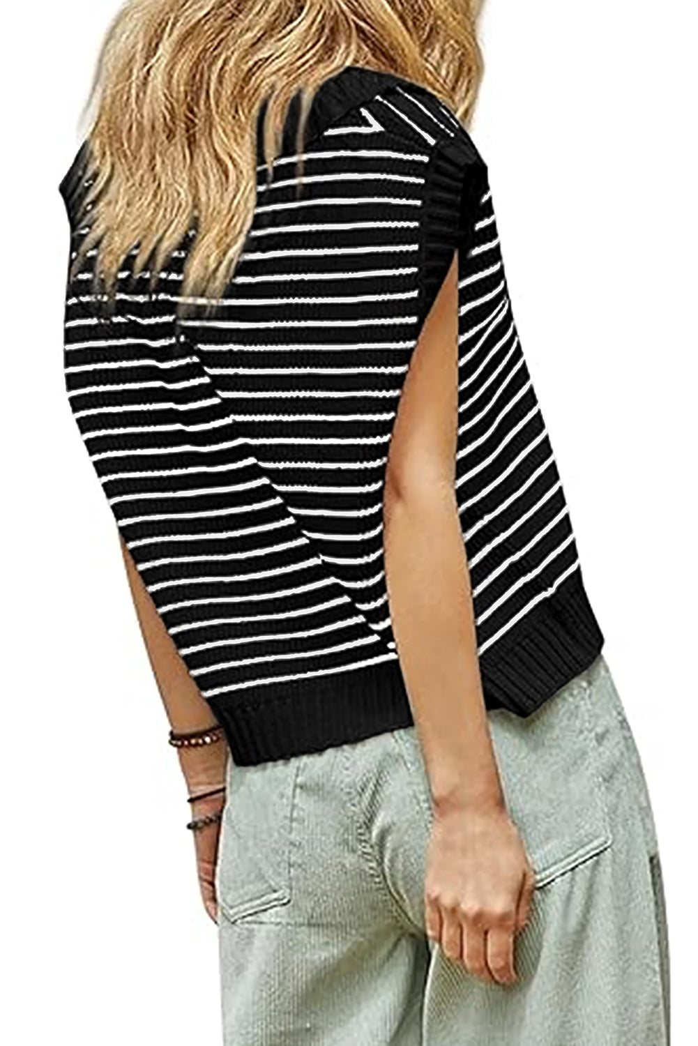 Black Stripe Turn-down V Neck Sweater Tank Top