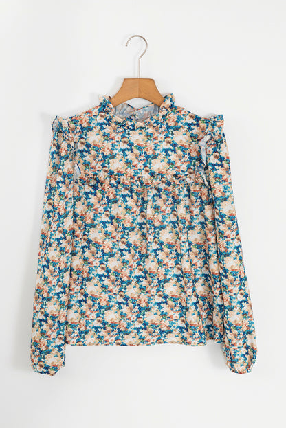 Sky Blue Floral Print Frilled Mock Neck Puff Sleeve Blouse