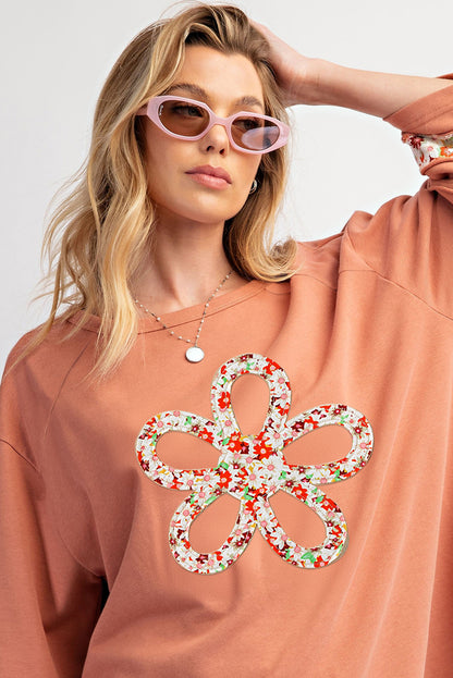 Grapefruit Orange Flower Patch Graphic Exposed Seam Wide Sleeve Top