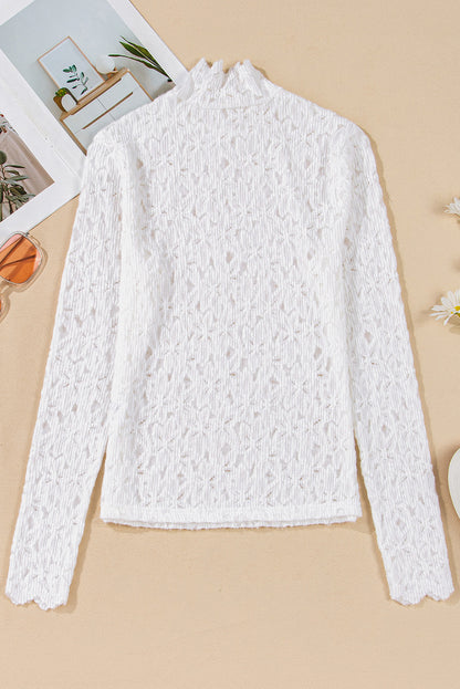 White Flower Lace See Through Mock Neck Long Sleeve Top