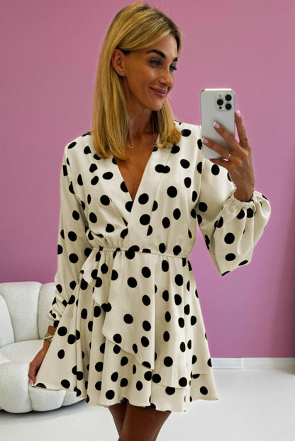 Beige Polka Dot Printed Surplice V-Neck Puff Sleeve Mini Dress