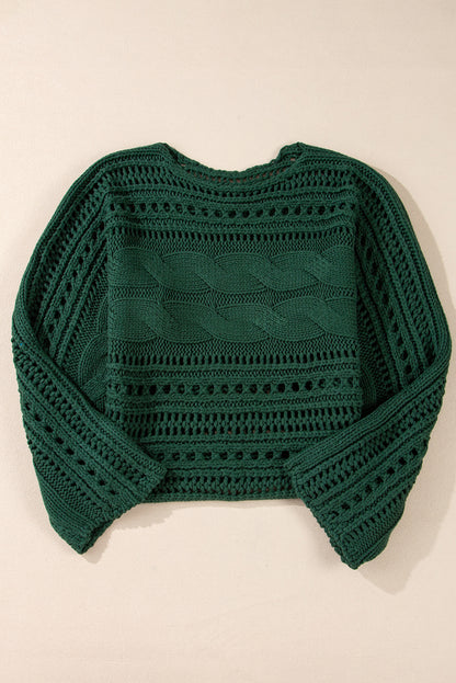 Blackish Green Hollow-out Cable Knit Cropped Sweater