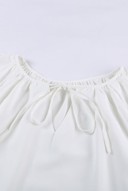 White Solid Drawstring Ruffled Short Sleeve Blouse