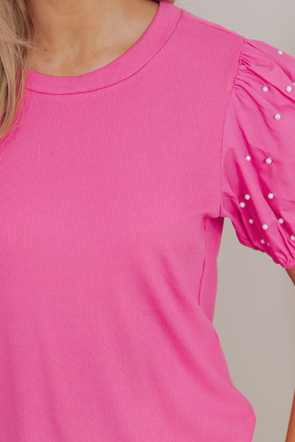 Bright Pink Ribbed Pearl Beaded Puff Sleeve Top