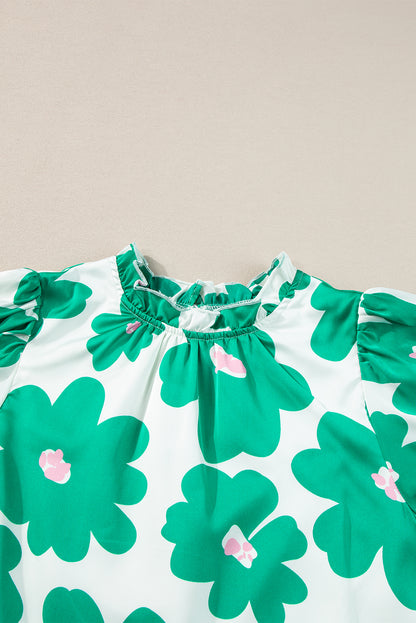 Green Floral Puff Sleeve Frill Neckline Blouse