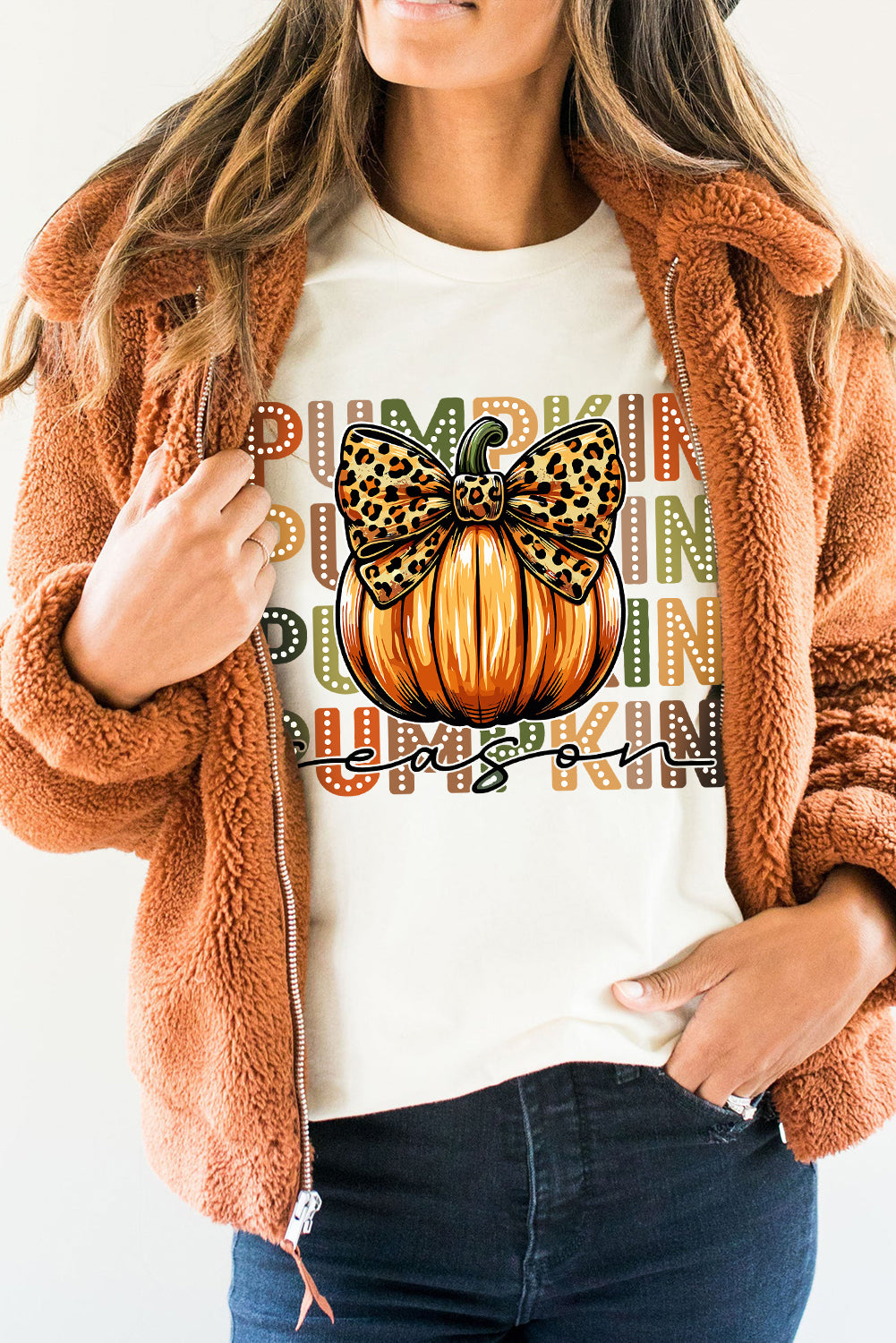 White PUMPKIN Season Leopard Bow Print Crew Neck T-Shirt