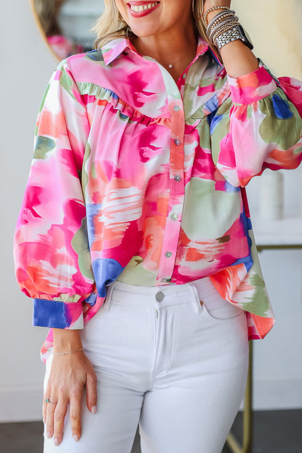 Multicolour Abstract Printed Lantern Sleeve Frilled Button Front Collared Shirt