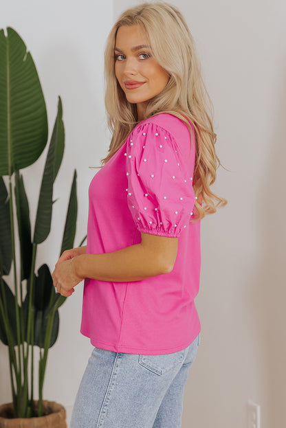 Bright Pink Ribbed Pearl Beaded Puff Sleeve Top