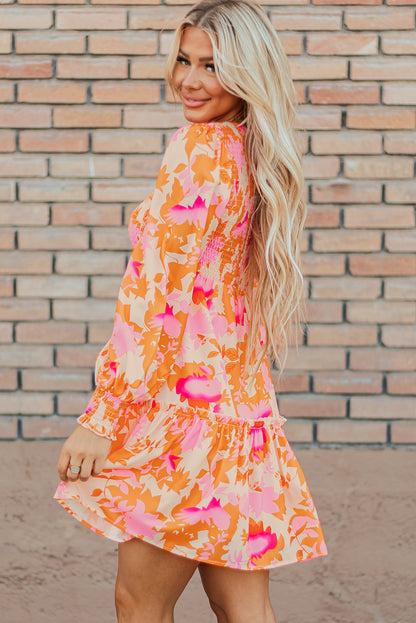 Orange Abstract Print Smocked Lantern Sleeve Ruffle Mini Dress