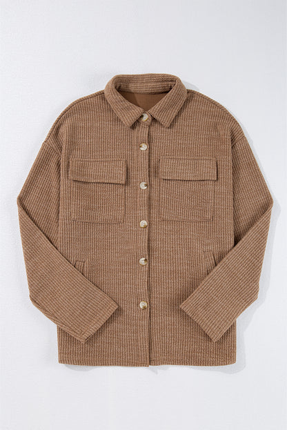 Dark Khaki Solid Color Corduroy Buttoned Long Sleeve Shacket