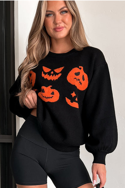 Black Halloween Pumpkin Face Pattern Drop Shoulder Sweater