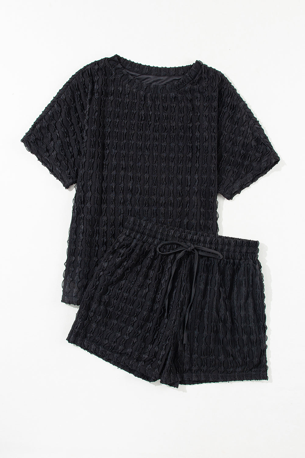 Black Frill Textured Short Sleeve Top and Drawstring Shorts Set