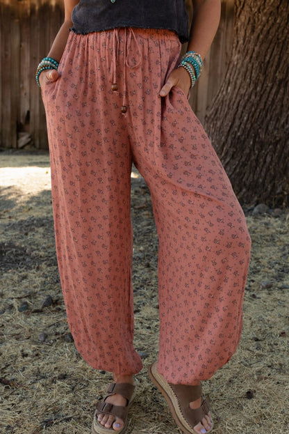 Pink Boho Floral Printed Wide Leg Jogger Pants