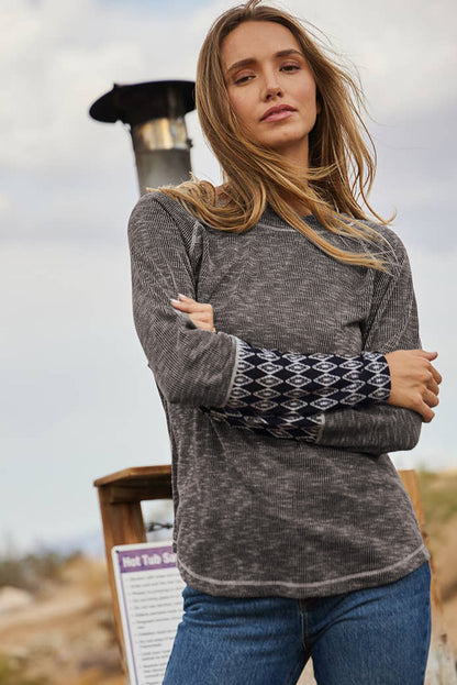 Gray Aztec Patchwork Ribbed Long Sleeve Top