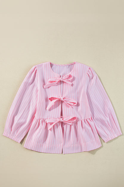 Pink Stripe Bowknot Front Crew Neck Puff Sleeve Blouse