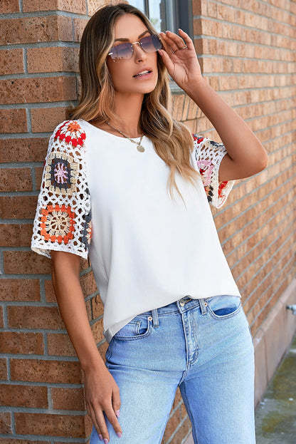 White Floral Crochet Short Sleeve Top