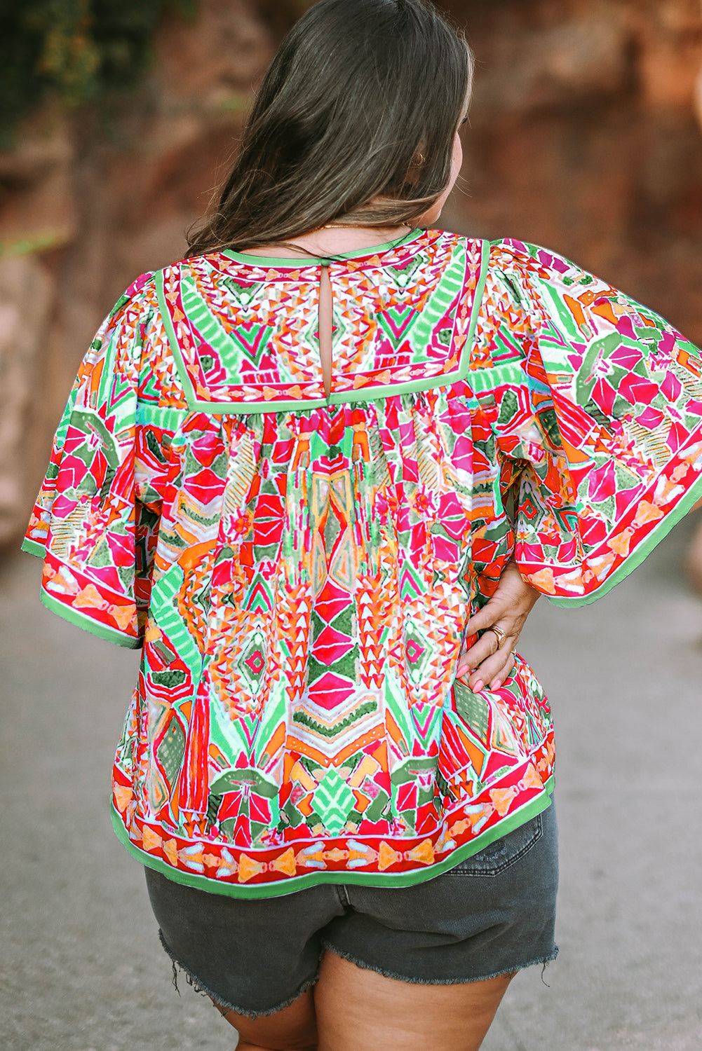 Green Fashion Printed Wide Sleeve Plus Size Blouse