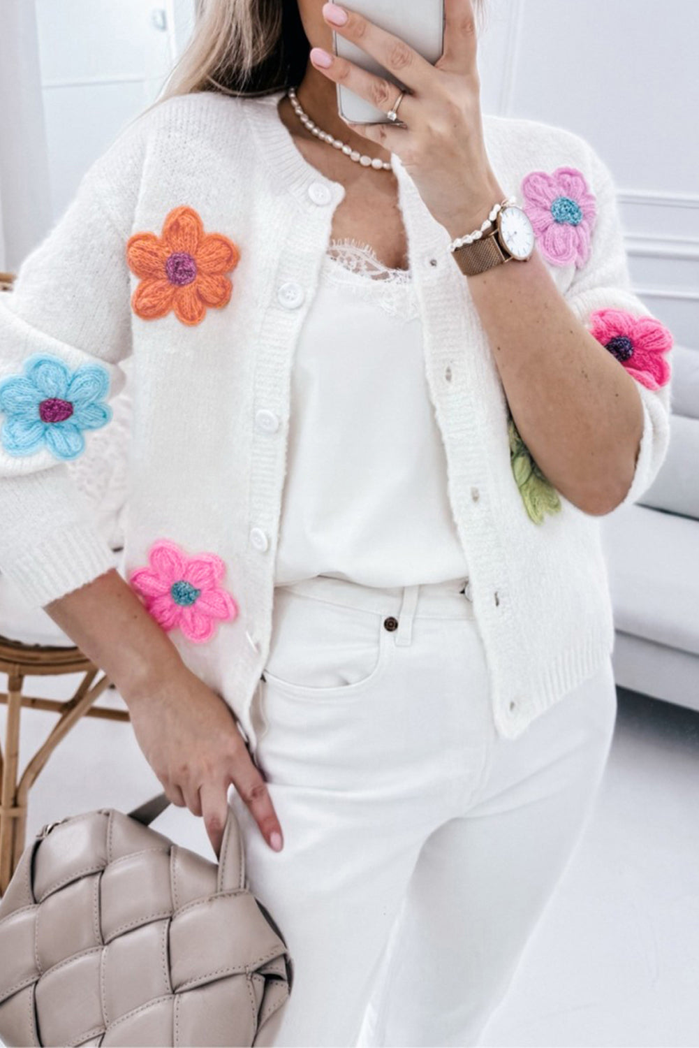 White Cute Knitted Floral Pattern Button Up Cardigan