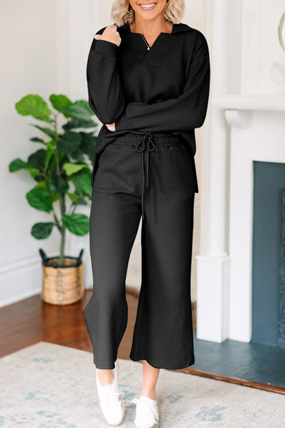 Black Solid Textured Collared V Neck Top and Wide Leg Pants Set