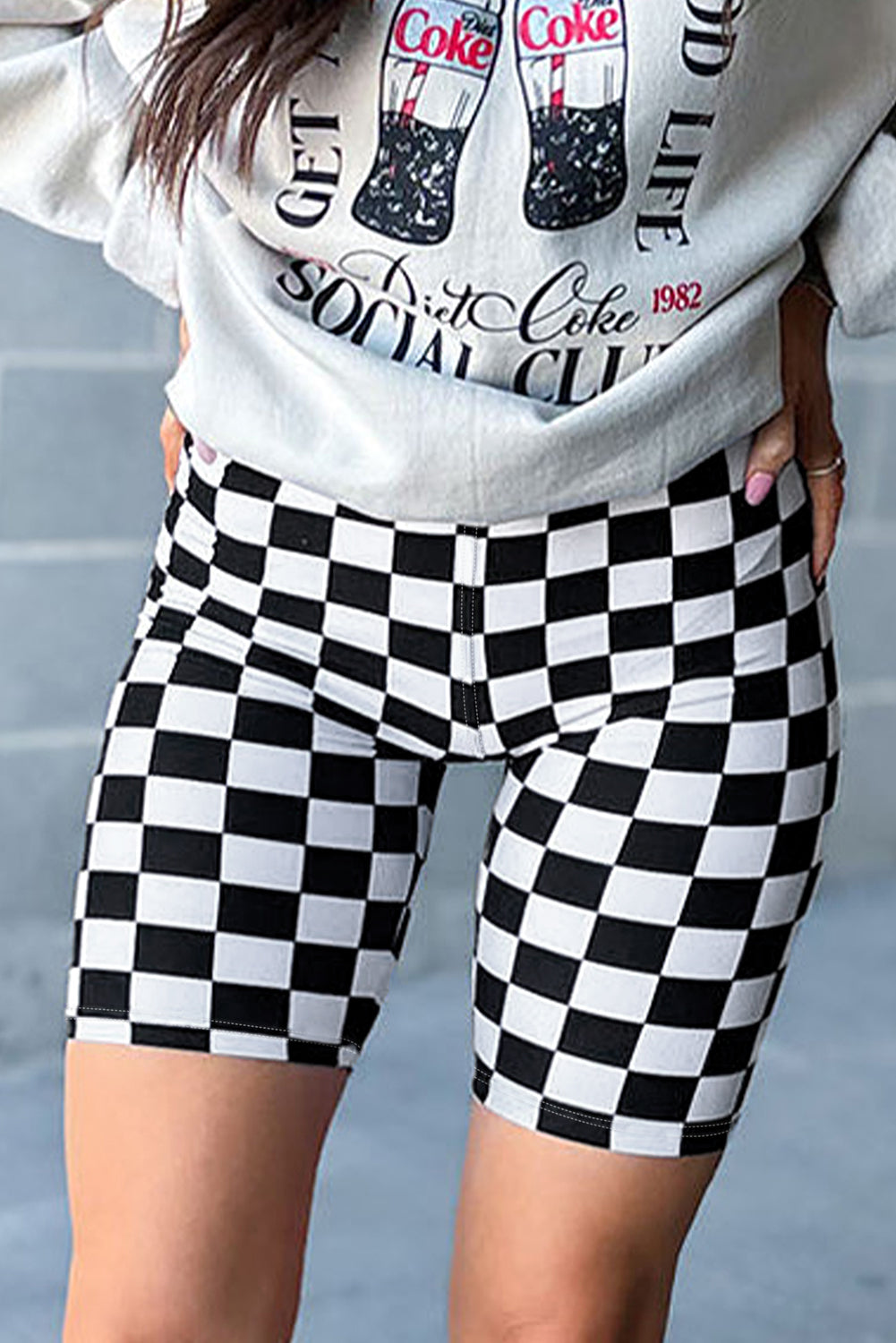 Black Checkerboard Printed High Waist Biker Shorts