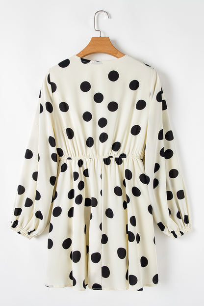 Beige Polka Dot Printed Surplice V-Neck Puff Sleeve Mini Dress