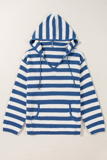 Blue Stripe V Neck Pocketed Drawstring Hooded Sweater