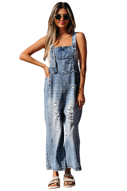 Stone Blue Distressed Bib Pocket Wide Leg Denim Overall