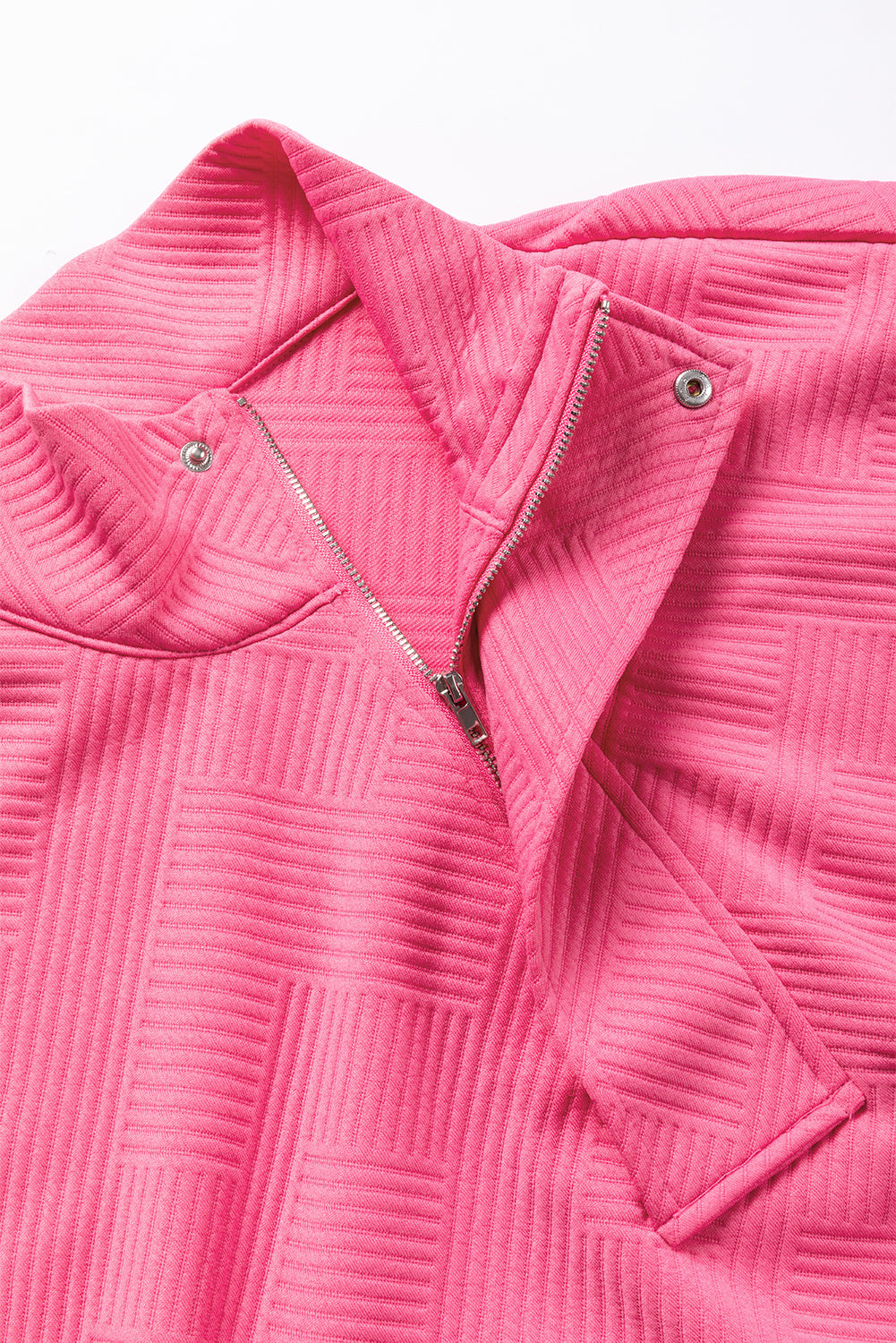 Bright Pink Textured Zipped Neckline Kangaroo Pocket Sweatshirt