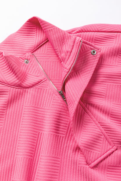 Bright Pink Textured Zipped Neckline Kangaroo Pocket Sweatshirt