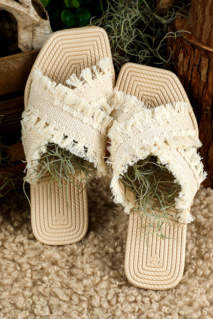 Beige Tassel Woven Crossed Straps Flat Slippers