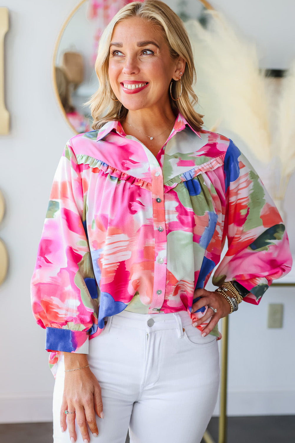 Multicolour Abstract Printed Lantern Sleeve Frilled Button Front Collared Shirt