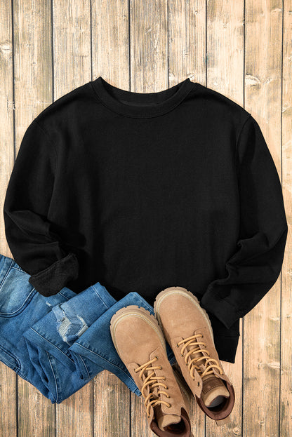 Black Solid Fleece Lined Drop Shoulder Terry Sweatshirt