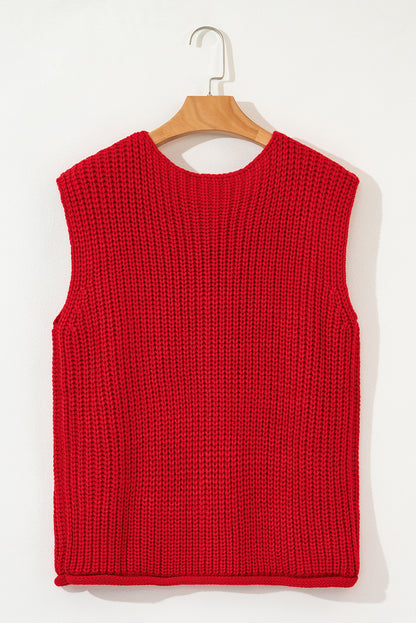 Fiery Red Solid Textured Knit Side Pockets Buttoned Sweater Vest