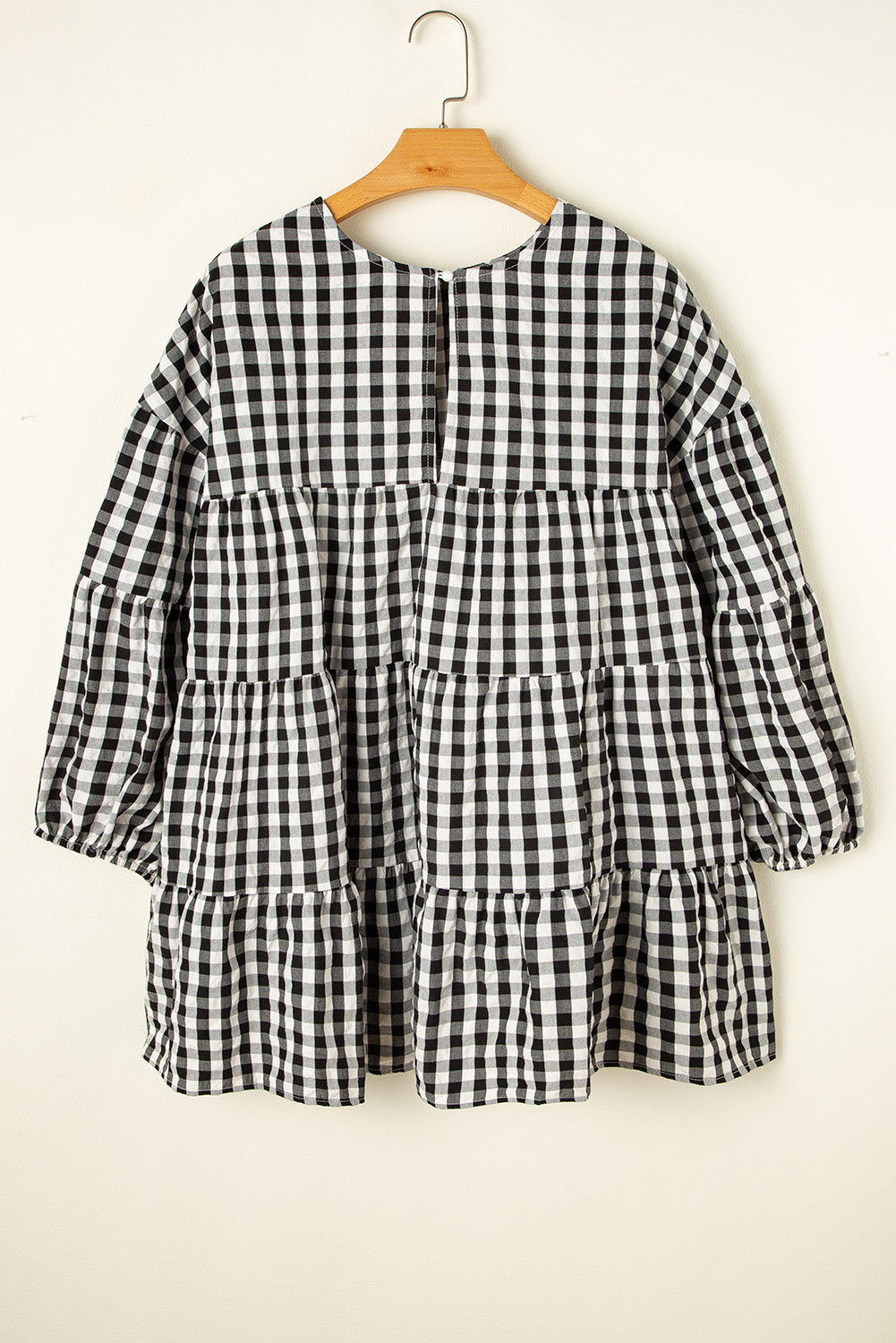 Black Checkered Puff Sleeve Tiered Loose Babydoll Blouse