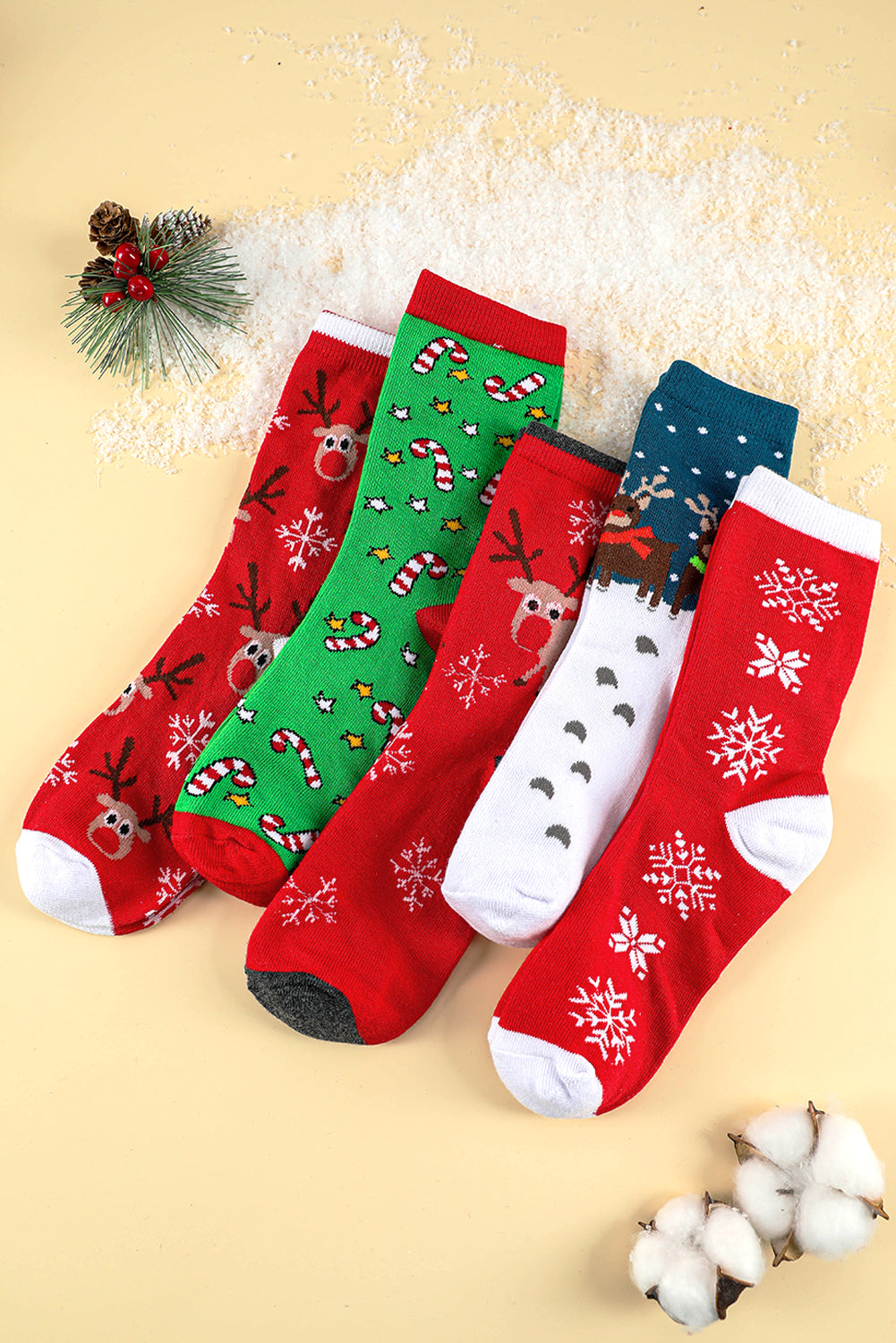 Fiery Red 5 Pairs/Set Christmas Cartoon Elk Soft Socks Set with Box