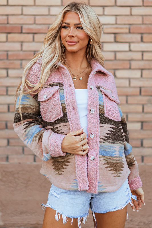 Pink Western Aztec Print Sherpa Splicing Buttoned Flap Pocket Coat