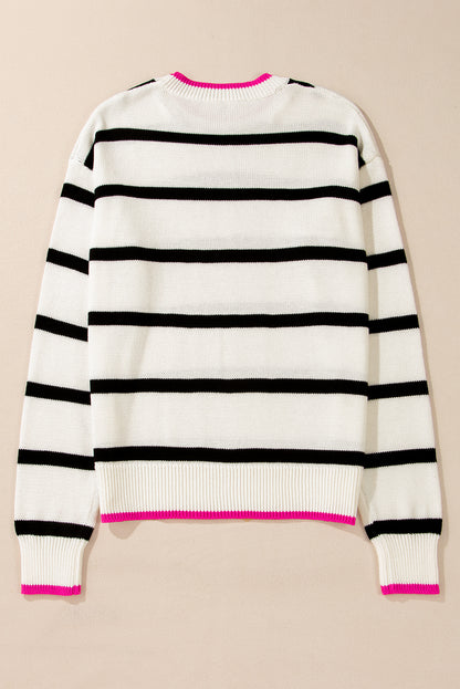 White Stripe Color Contrast Drop Shoulder Crew Neck Sweater