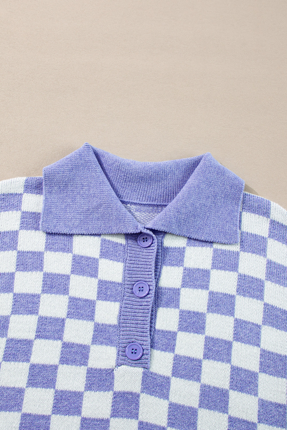 Purple Checkered Collared Buttons Plus Size Sweater