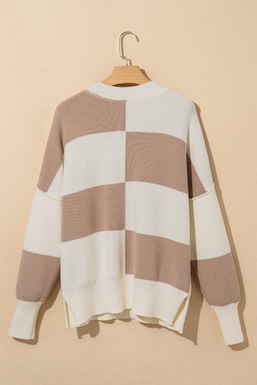 Khaki Checkered Side Slits Drop Shoulder Oversized Sweater