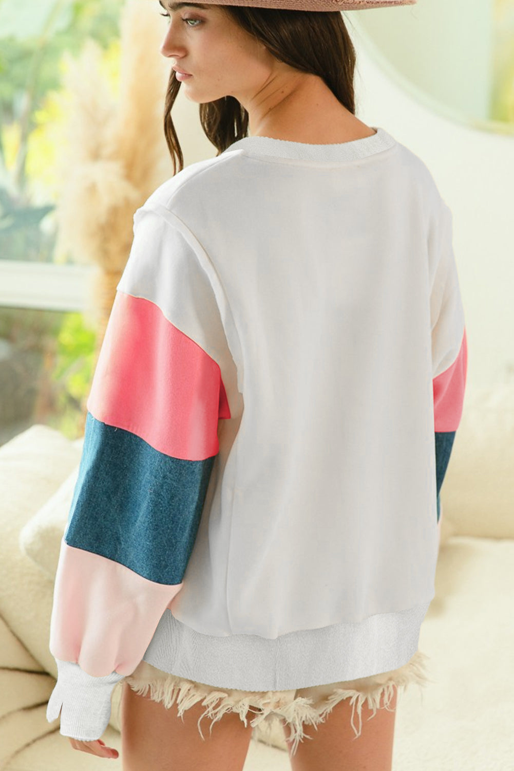 White French Terry Color Block Long Sleeve Top