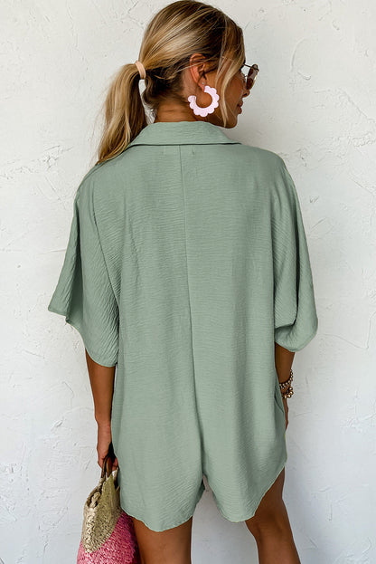 Spinach Green Half Button Collared Loose Romper