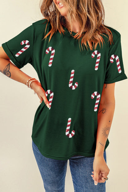 Green Christmas Candy Cane Graphic Casual T Shirt