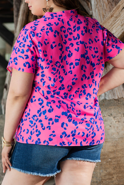 Rose Contrast Leopard Print Plus Size V Neck Blouse