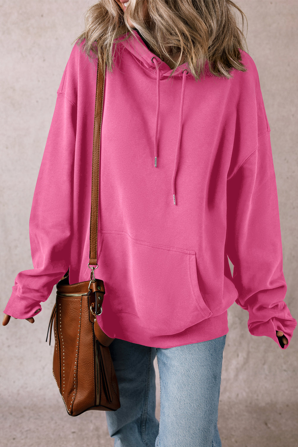 Bonbon Solid Kangaroo Pocket Drawstring Loose Fit Hoodie