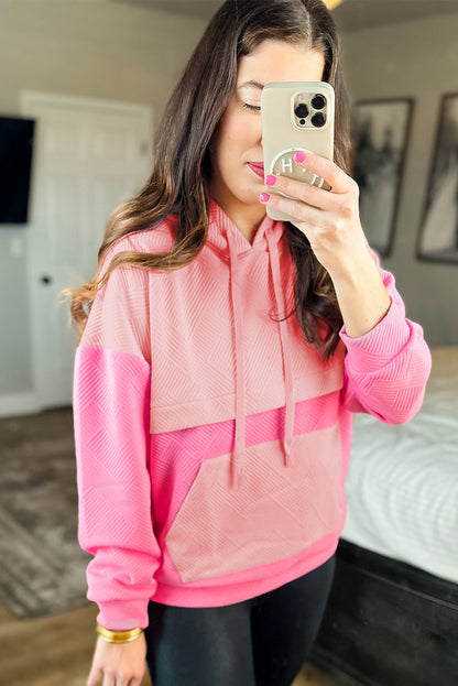 Pink Textured Color Block Kangaroo Pocket Drop Shoulder Hoodie