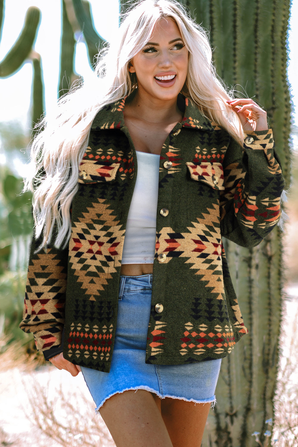 Green Aztec Print Flap Pockets Long Sleeve Shacket