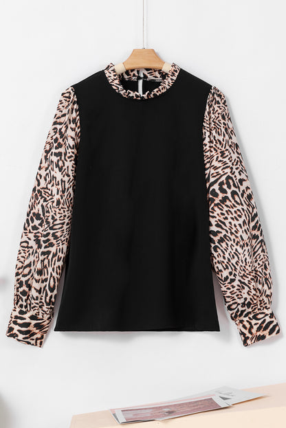 Black Contrast Leopard Print Lantern Sleeve Blouse