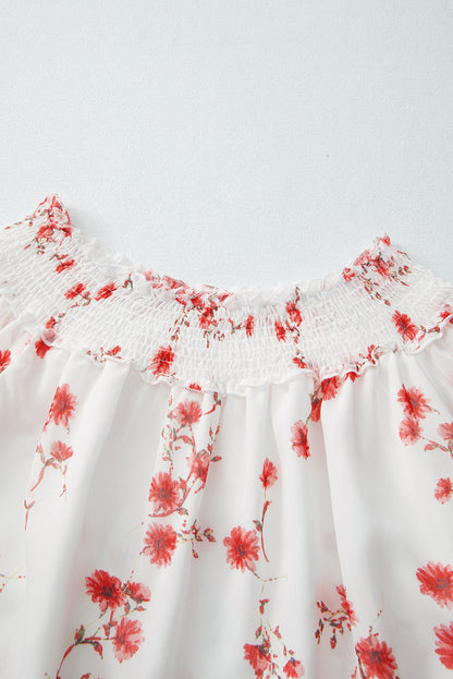 White Floral Print Shirred Off Shoulder Ruffled Sleeve Blouse